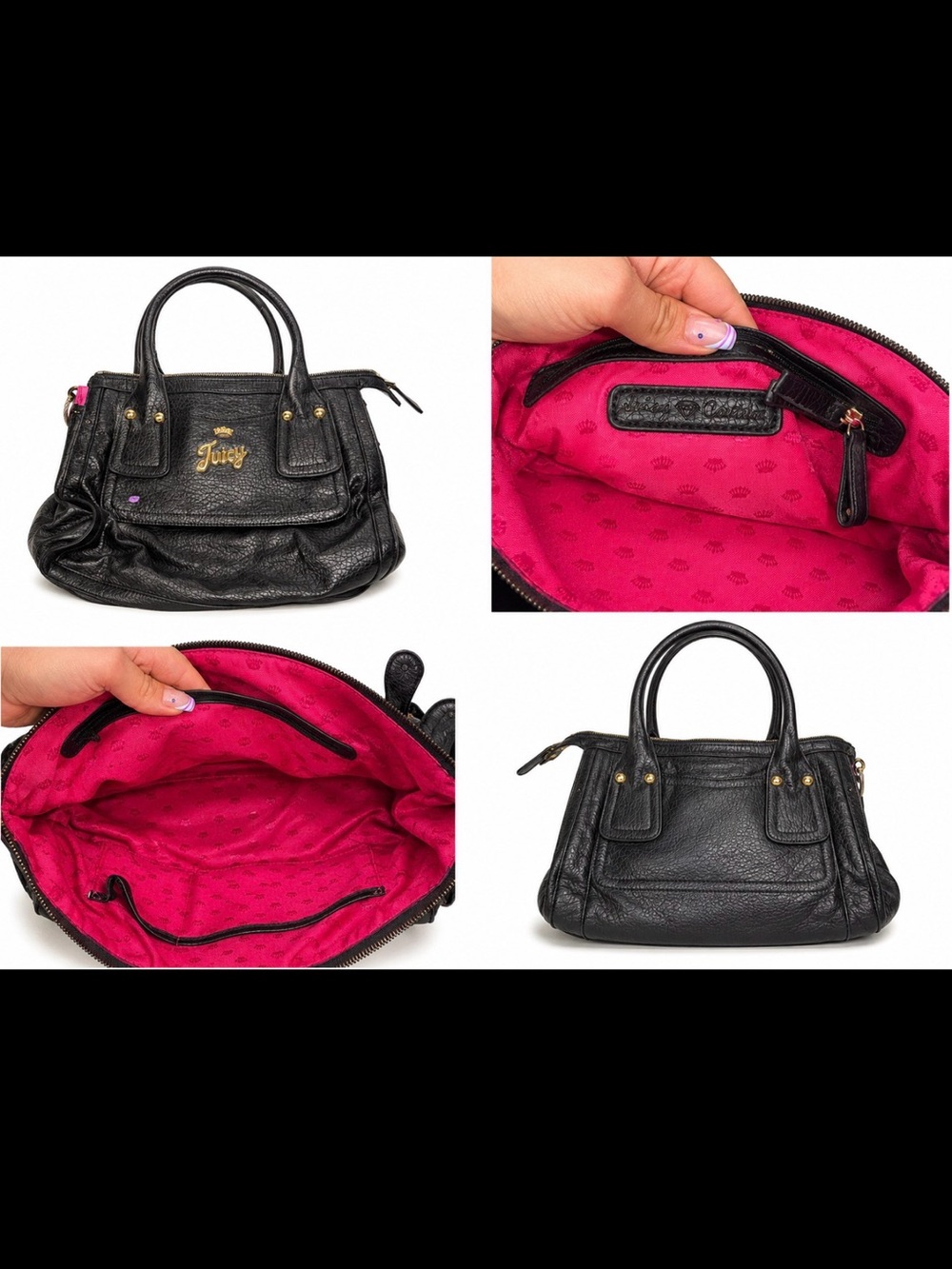2000s Juicy Couture Black Leather Shoulder Bag with Hot Pink Interior